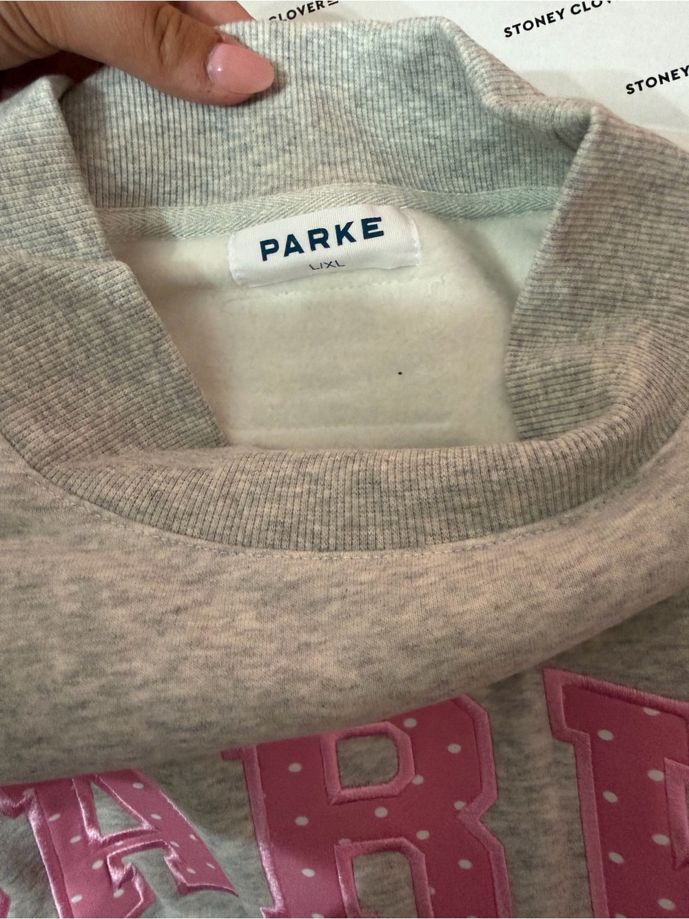 LIMITED EDITION! ParkexStoney Clover Gray Pink Polka Dot Mock Neck Pullover L/XL - Picture 4 of 6